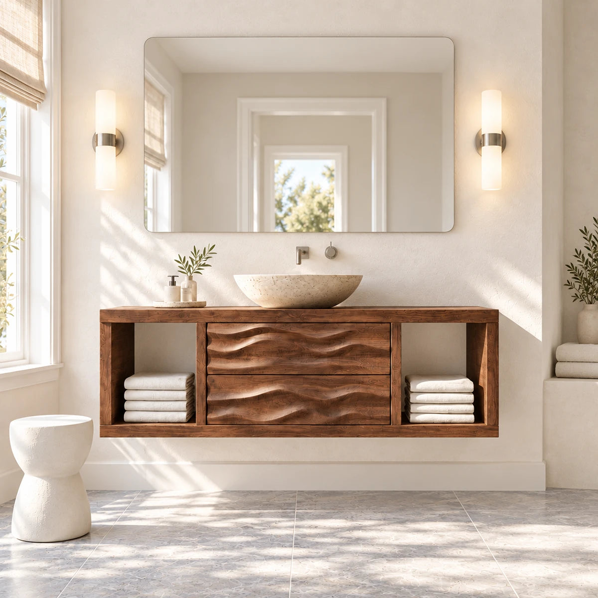 Single sink bathroom vanity in natural solid wood with two drawers and open shelves