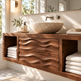 Modern bath vanity in natural solid wood with sculpted drawers and vessel basin top