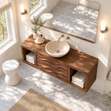 Contemporary bathroom vanity in natural solid wood with wave fronts and storage space