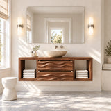 Designer vanity cabinet in natural solid wood with vessel sink and wave front drawers