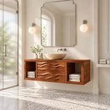 Minimalist vanity unit in natural solid wood with open side cubbies and two drawers