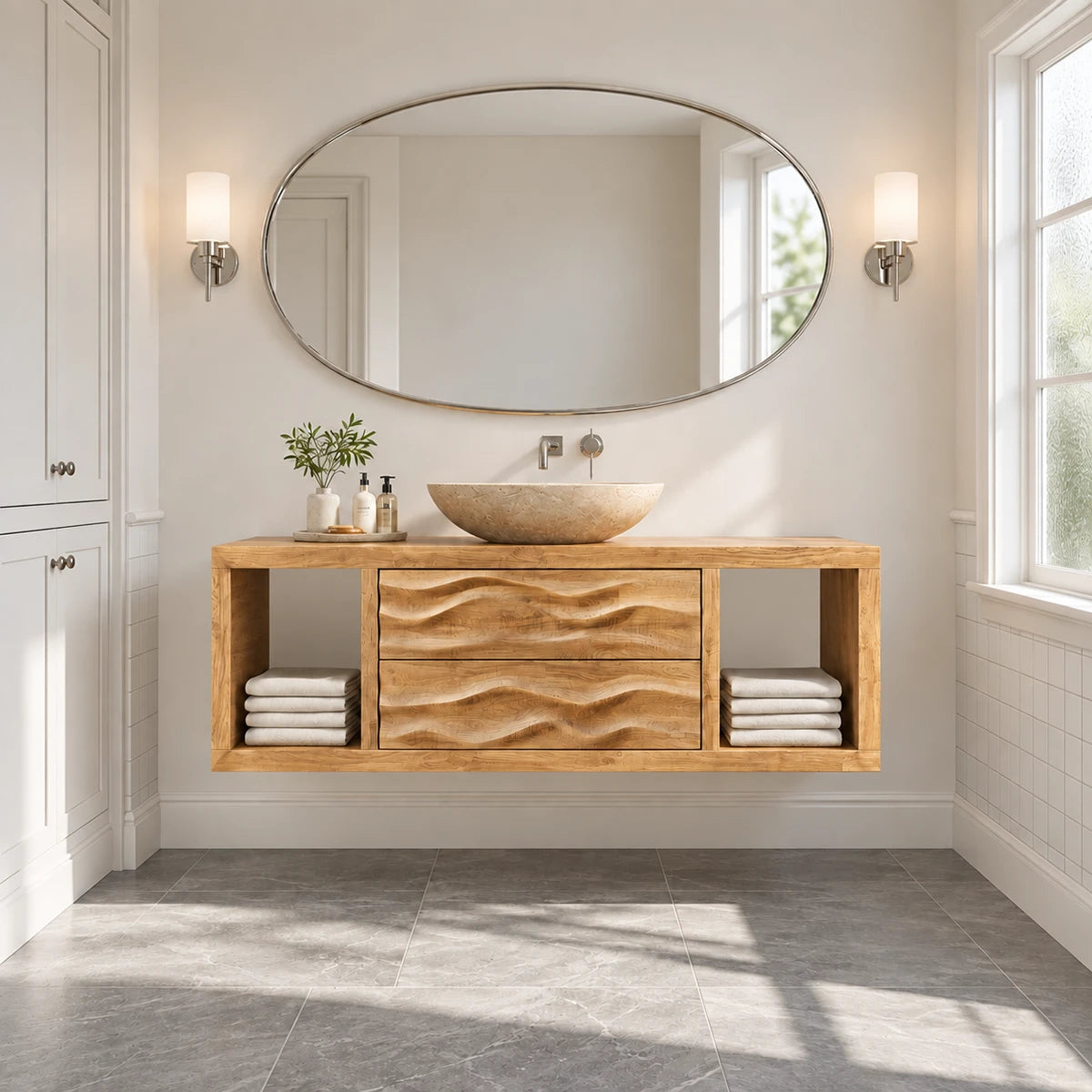 Open shelf bathroom vanity in natural solid wood with vessel basin and drawers below