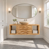 Open shelf bathroom vanity in natural solid wood with vessel basin and drawers below