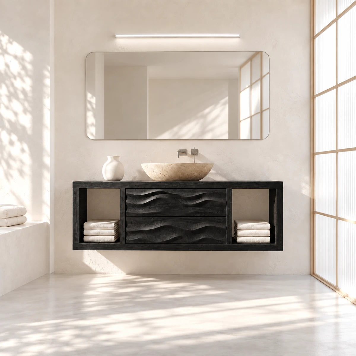 Space saving bath vanity in natural solid wood with wave drawer fronts and shelf