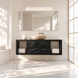 Space saving bath vanity in natural solid wood with wave drawer fronts and shelf