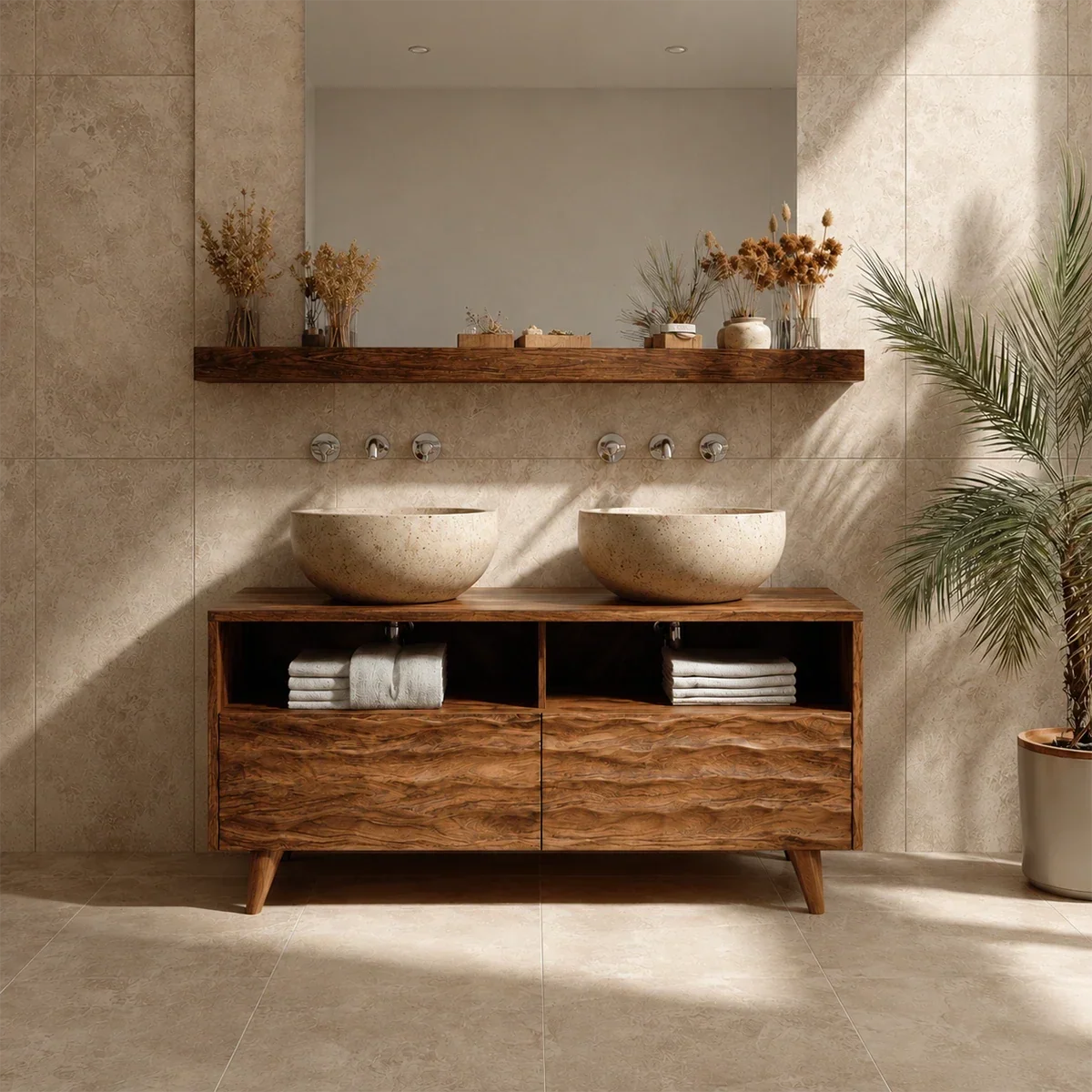 Double Sink Natural Solid Wood Bathroom Vanity With Hand-Carved Texture - Arboriswood - 15