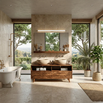 Double Sink Natural Solid Wood Bathroom Vanity With Hand-Carved Texture - ArborisWood - 3