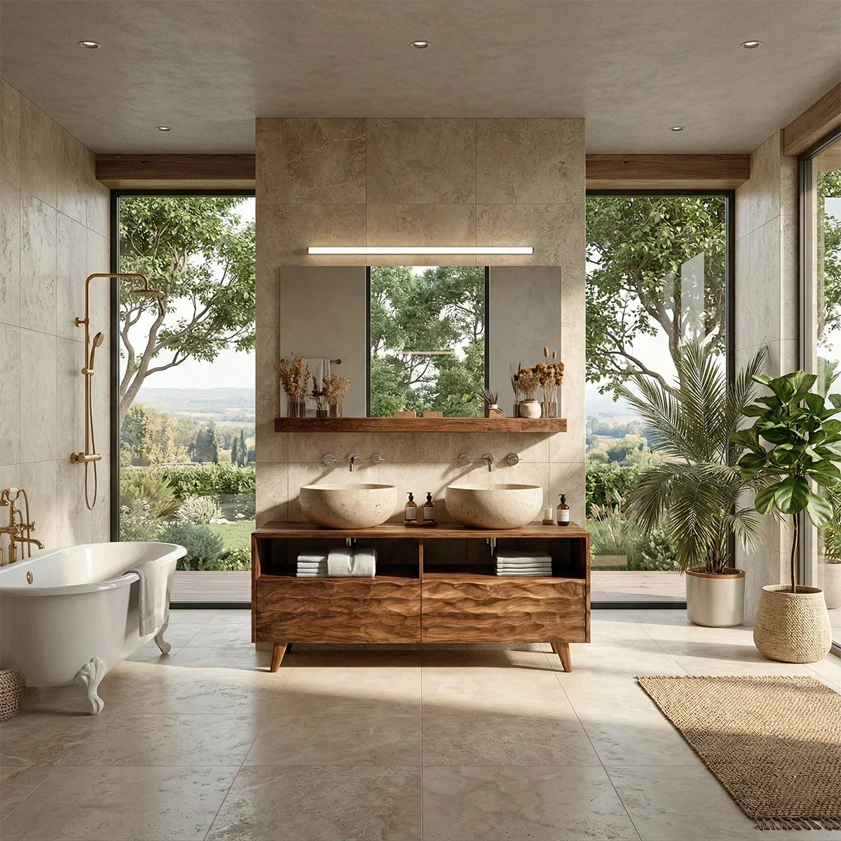 Double Sink Natural Solid Wood Bathroom Vanity With Hand-Carved Texture - Arboriswood - 3