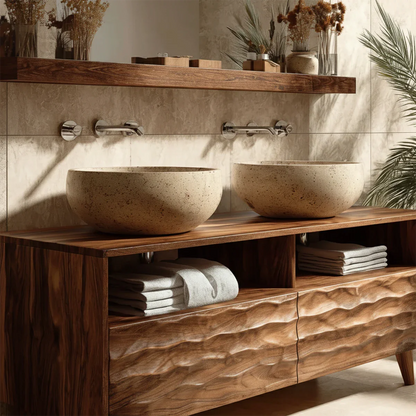 Double Sink Natural Solid Wood Bathroom Vanity With Hand-Carved Texture - ArborisWood - 4