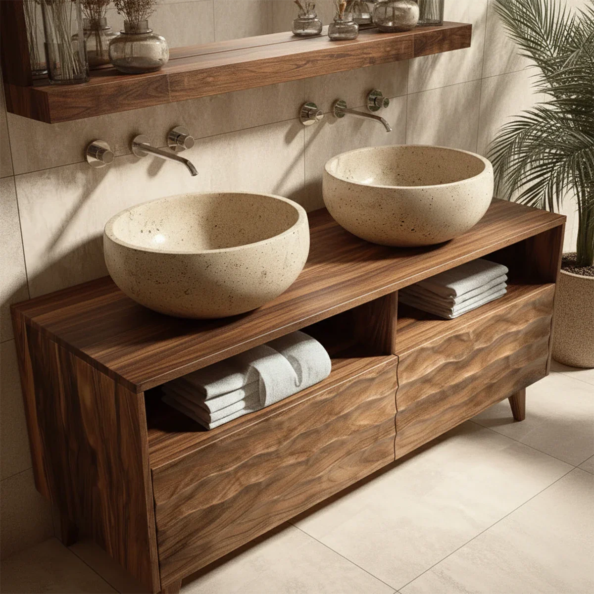Double Sink Natural Solid Wood Bathroom Vanity With Hand-Carved Texture - ArborisWood - 6