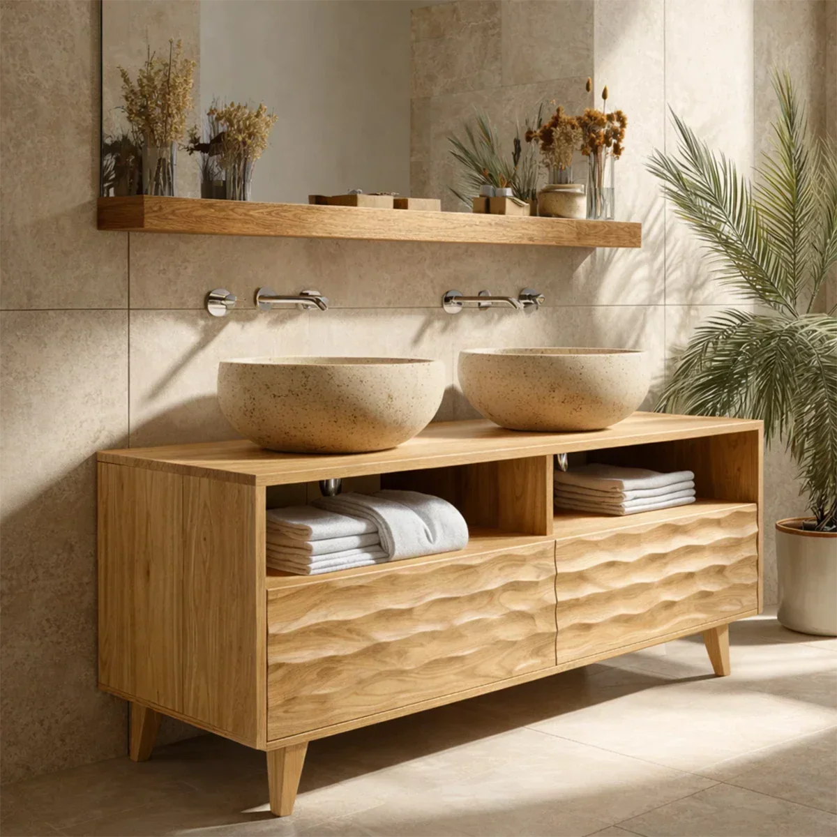 Double Sink Natural Solid Wood Bathroom Vanity With Hand-Carved Texture - Arboriswood - 9