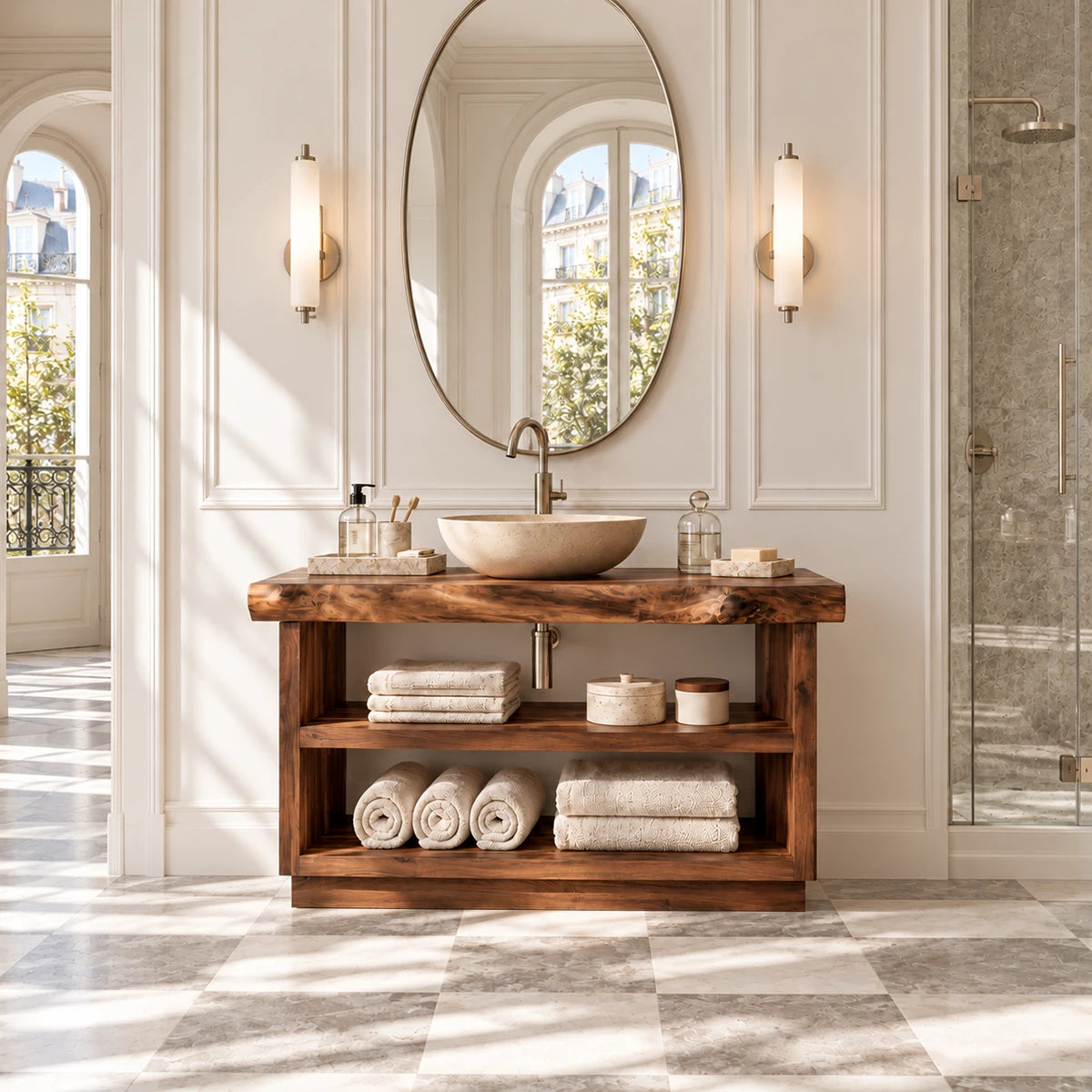 Designer bath furniture in natural solid wood with open shelves for guest towels