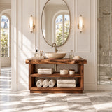 Designer bath furniture in natural solid wood with open shelves for guest towels