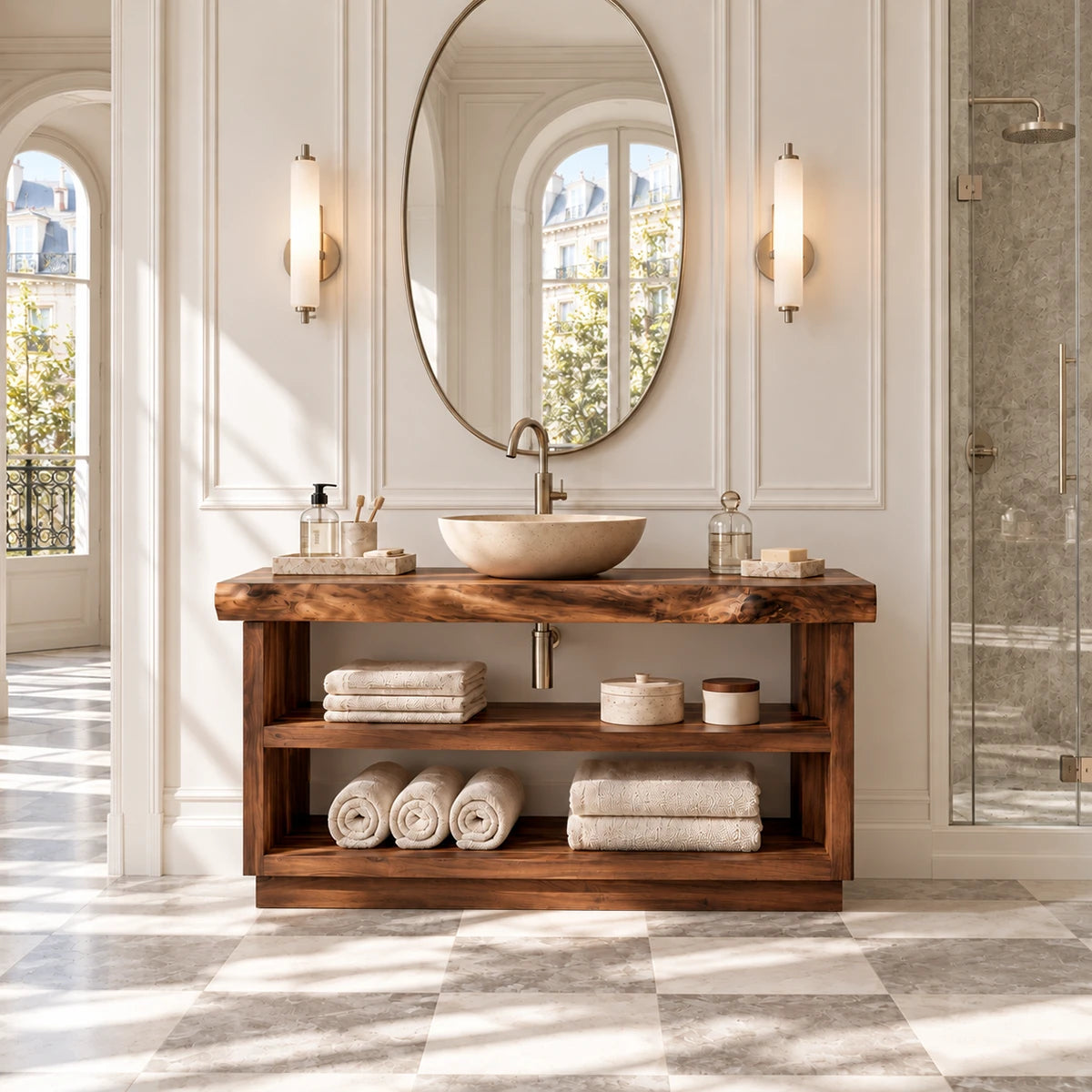 Natural solid wood bath organizer vanity with airy shelves and linen storage space
