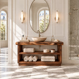 Natural solid wood bath organizer vanity with airy shelves and linen storage space