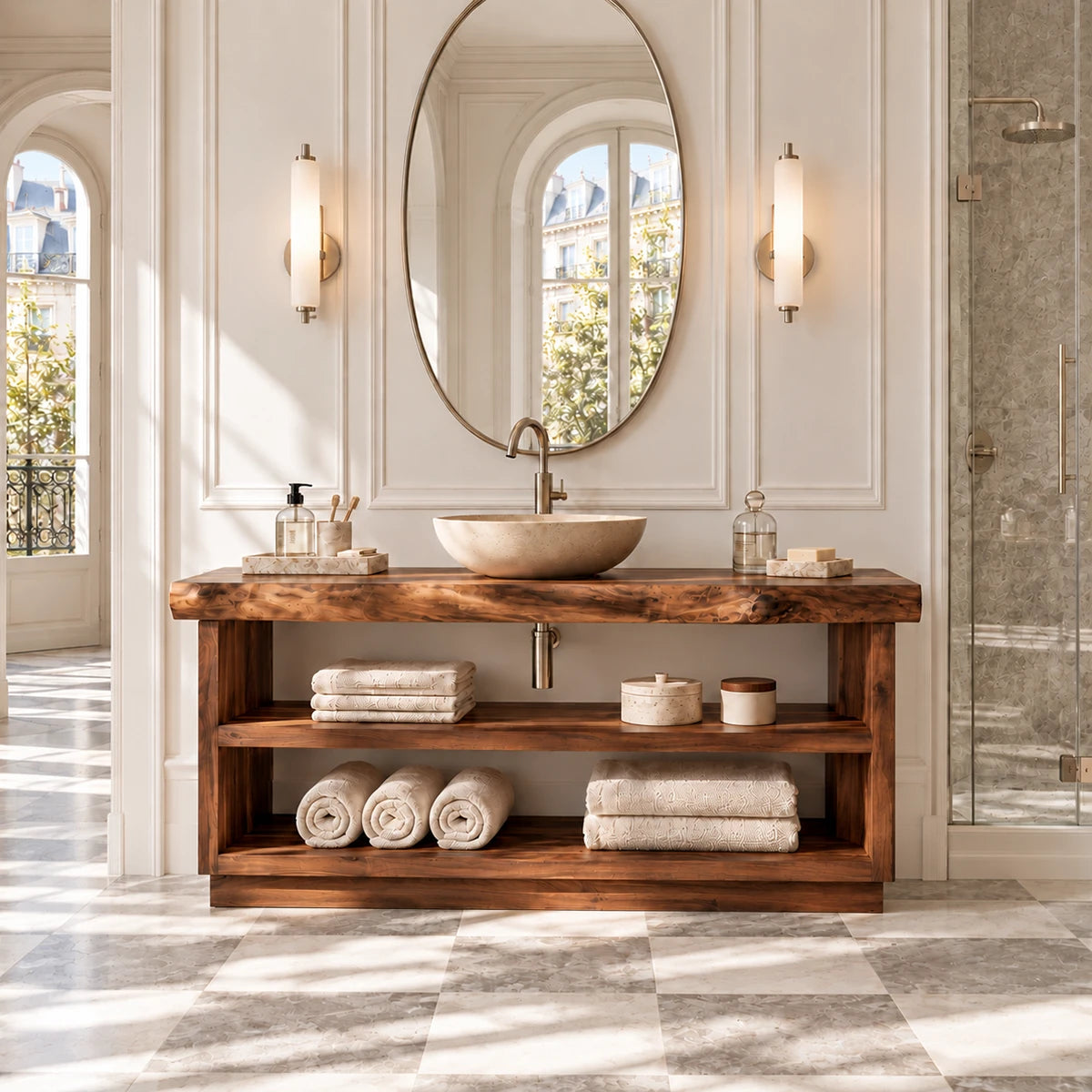 Open concept bathroom vanity in natural solid wood with layered shelf storage below