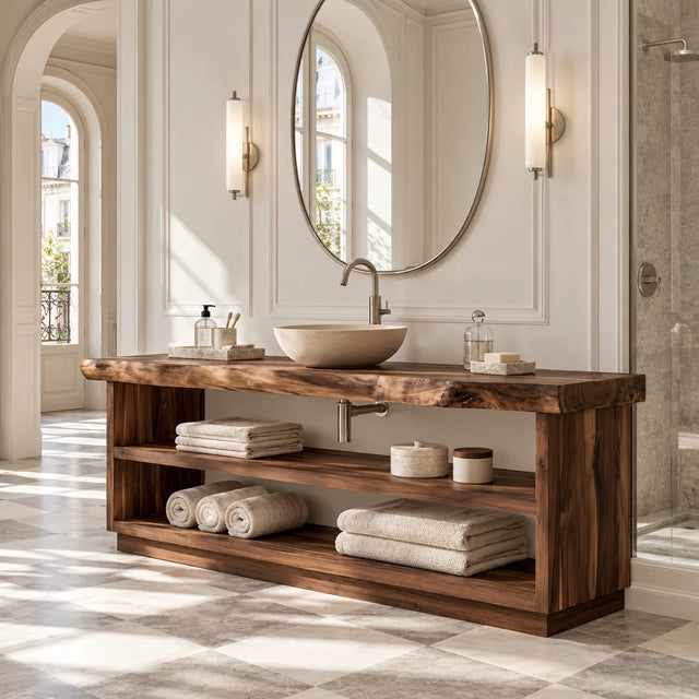 Freestanding bathroom vanity in natural solid wood with double-tier open shelving