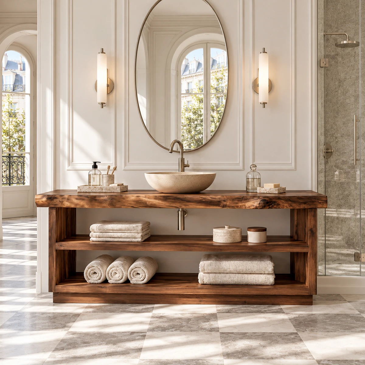 Open shelf bath vanity in natural solid wood with spacious towel storage underneath