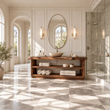 Minimalist vanity console in natural solid wood with two open tiers for daily linens