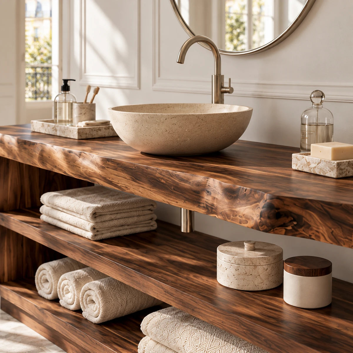 Linen storage bathroom vanity in natural solid wood with a clean open frame design