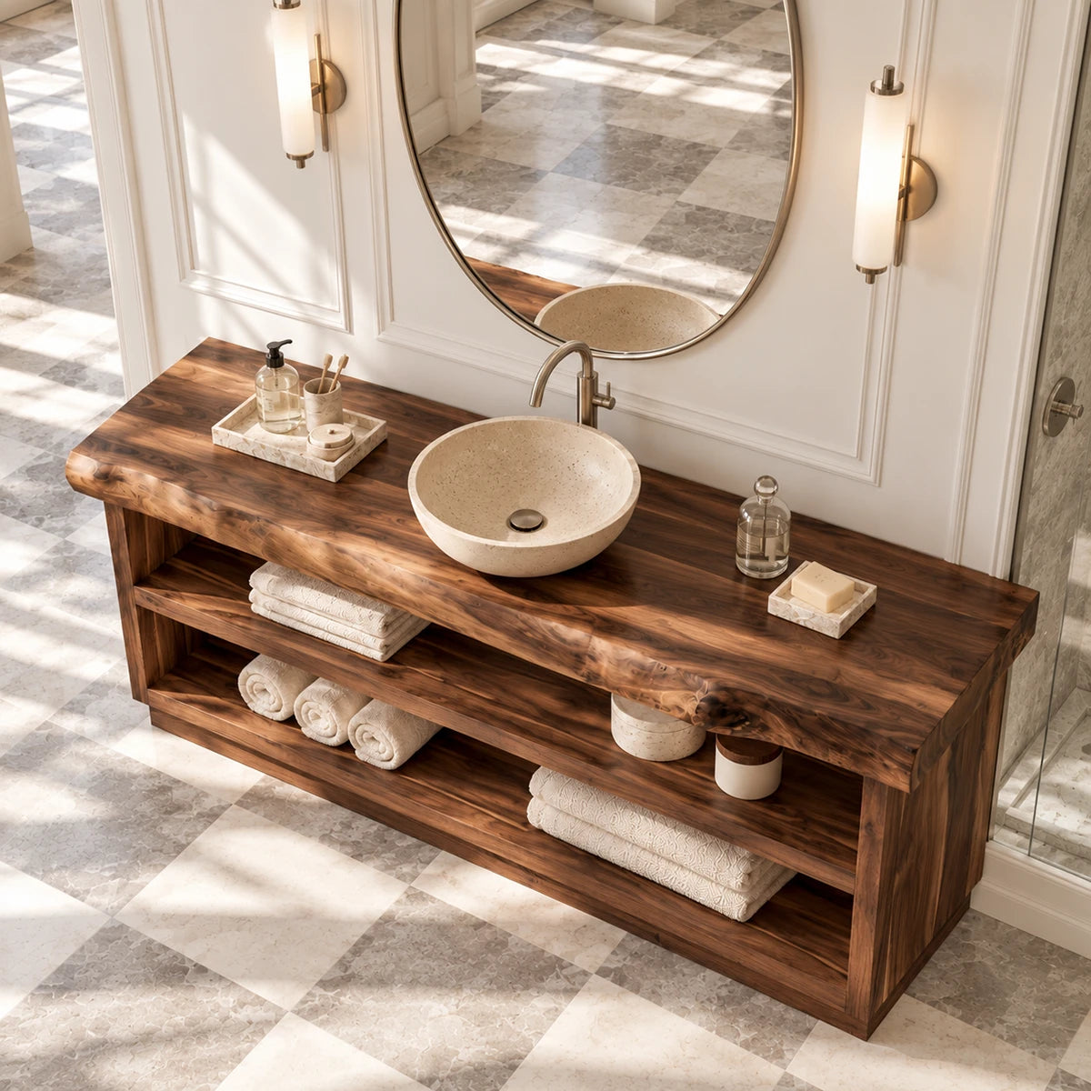 Double-tier bath console in natural solid wood with open storage for folded towels