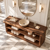 Double-tier bath console in natural solid wood with open storage for folded towels