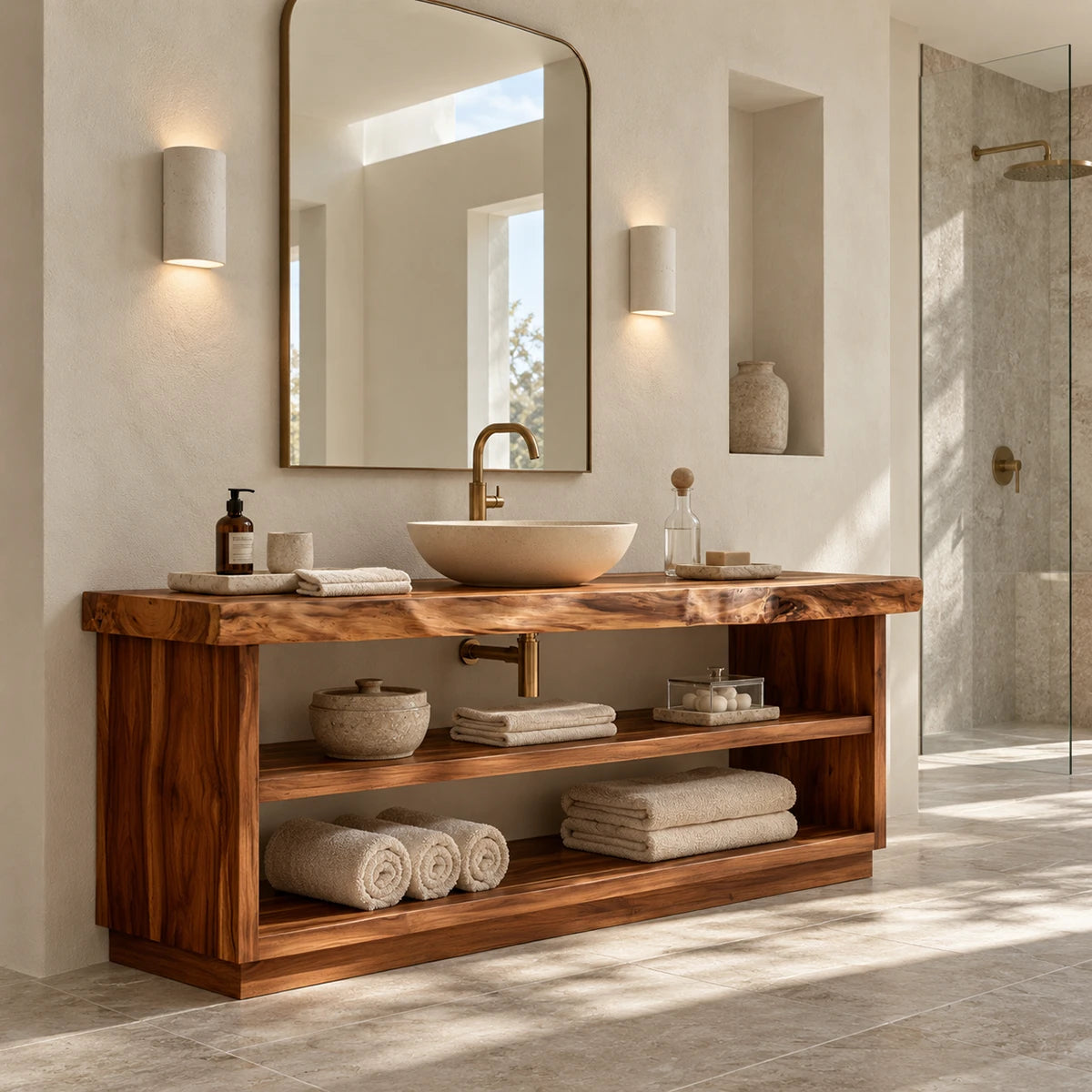 Natural solid wood vanity table with open shelving and organized linen storage space