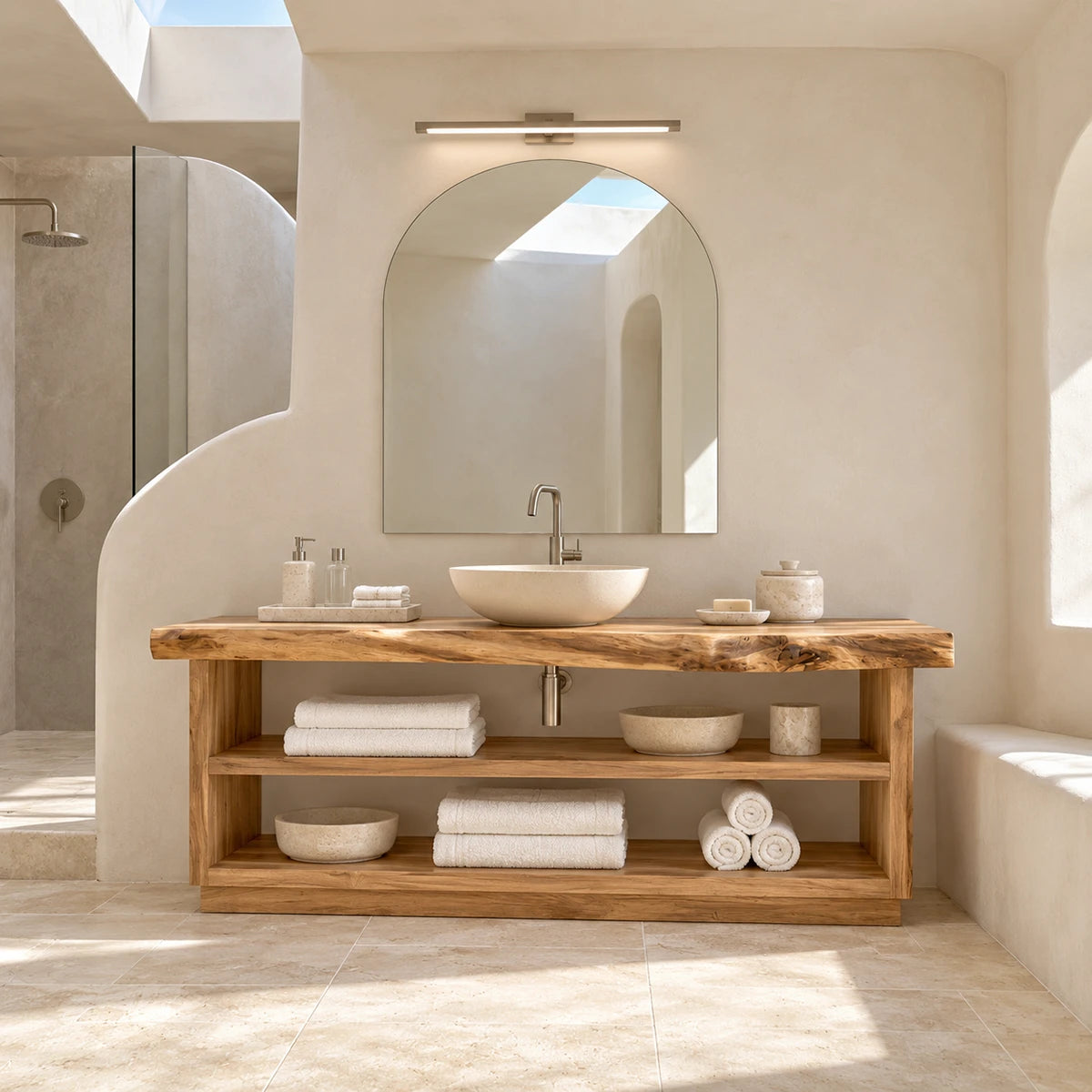 Bathroom storage console in natural solid wood with roomy shelves for daily towels