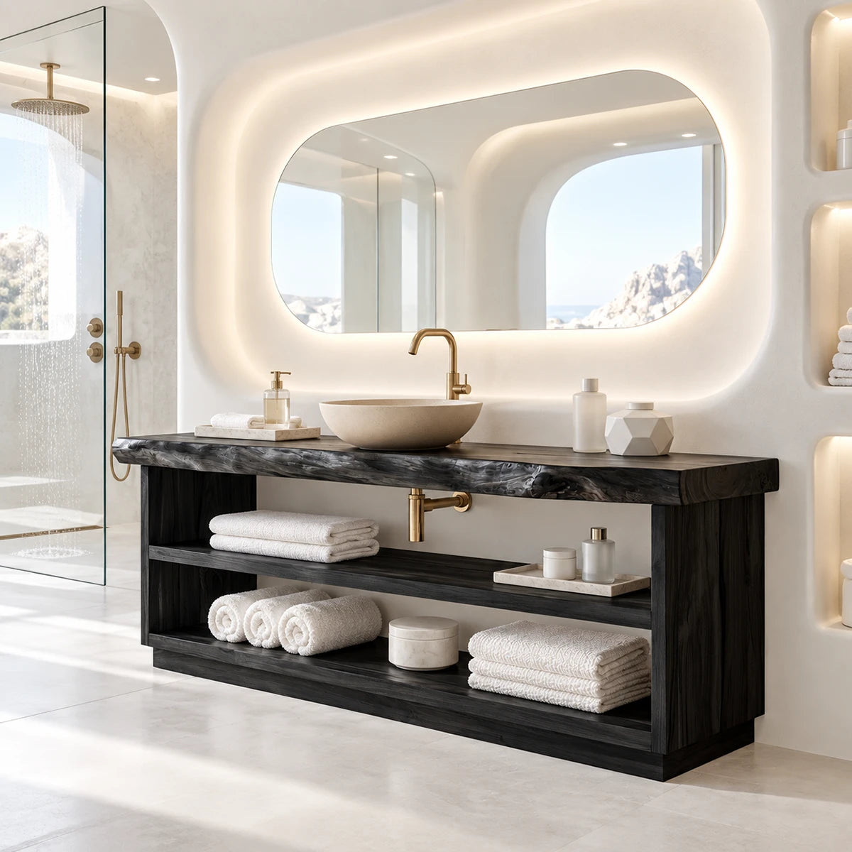 Classic bath vanity stand in natural solid wood with open lower shelf storage space