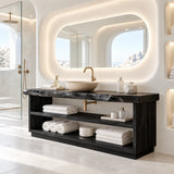 Classic bath vanity stand in natural solid wood with open lower shelf storage space