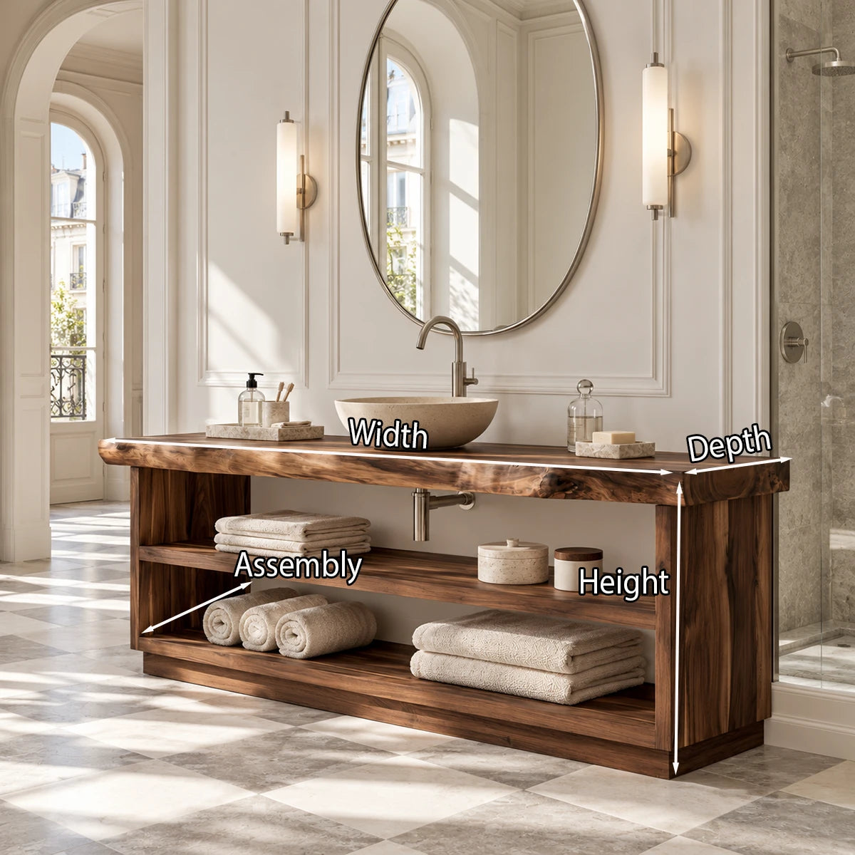 Streamlined bathroom vanity in natural solid wood with practical open shelving below