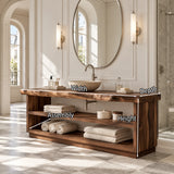 Streamlined bathroom vanity in natural solid wood with practical open shelving below