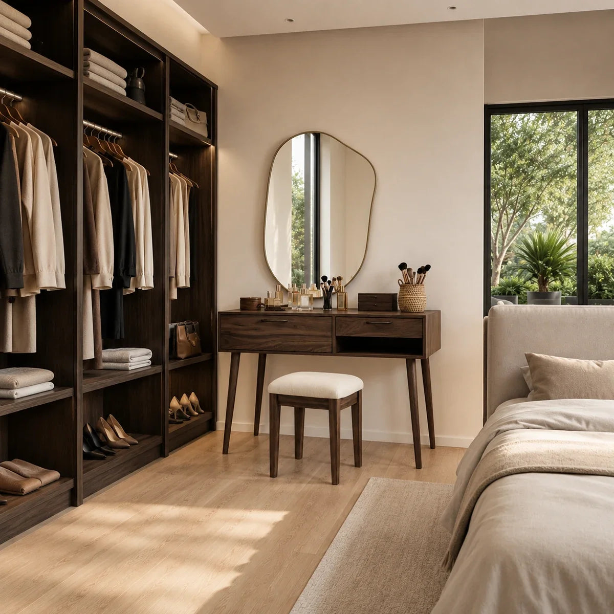 Bedroom dressing table with slim legs and practical storage beside an upholstered stool