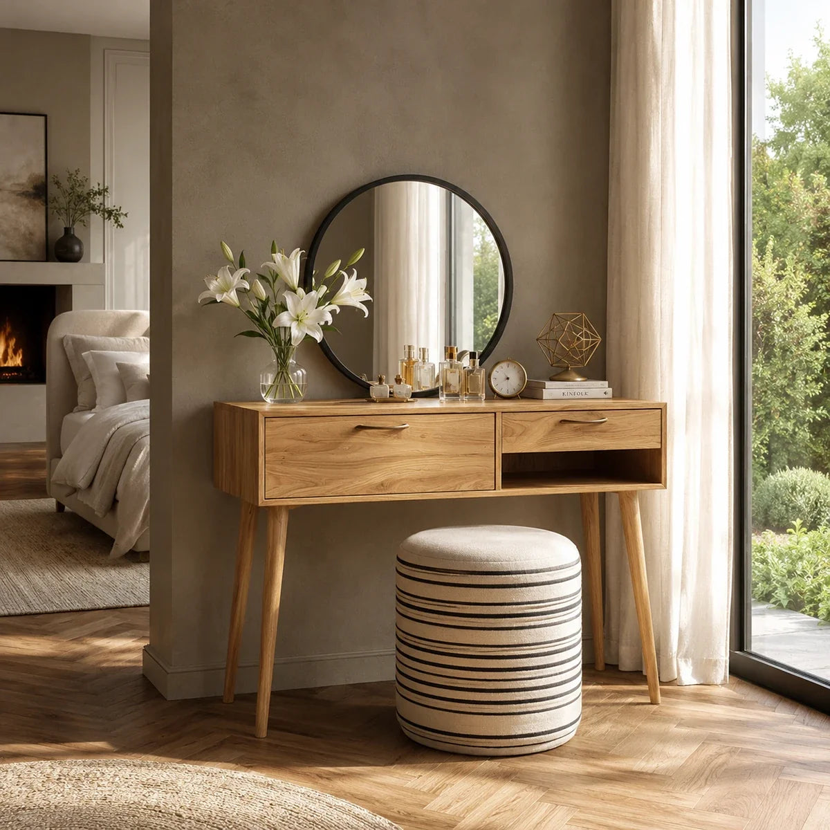 Contemporary makeup vanity showcases clean lines and useful open shelf storage indoors
