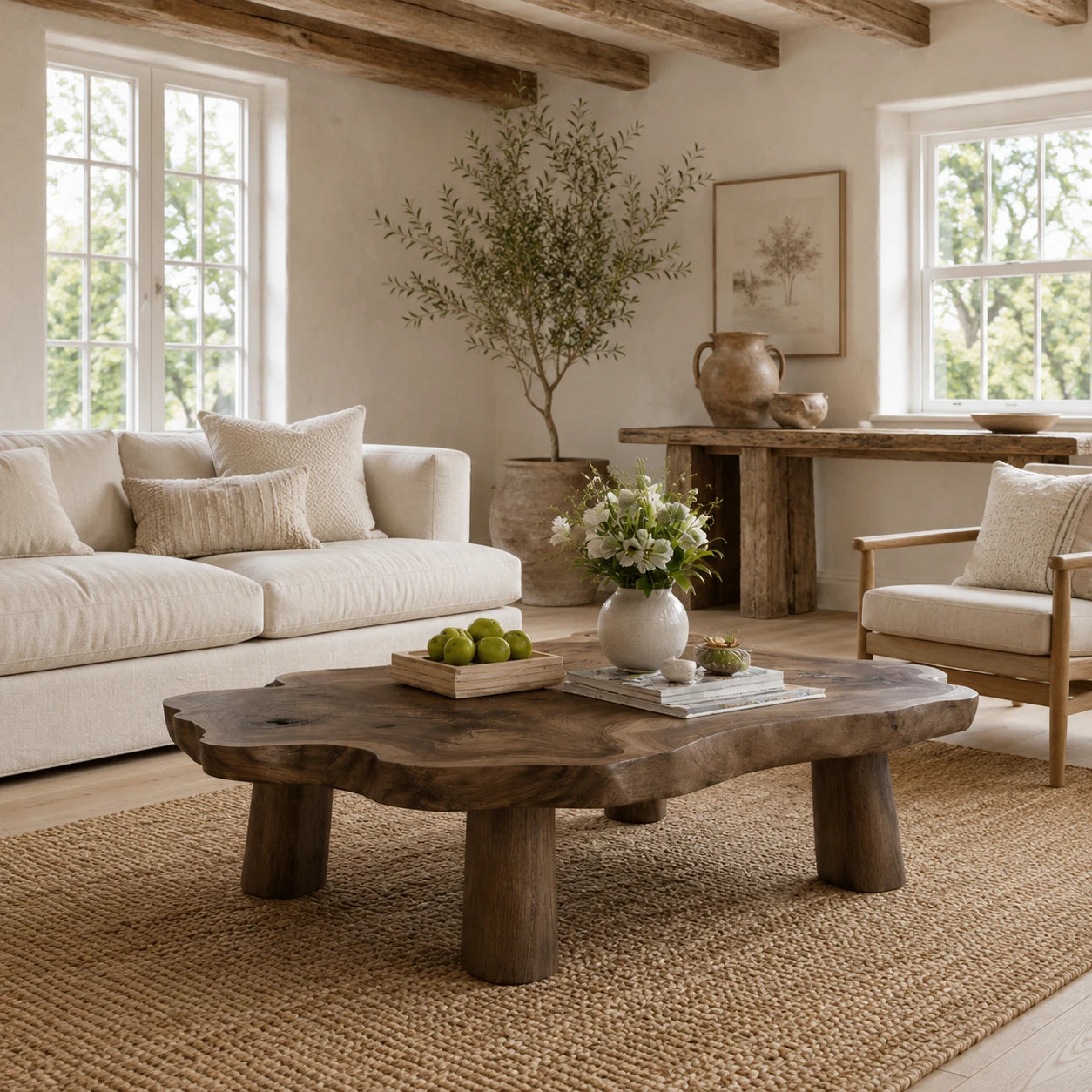 Handcrafted coffee table with natural slab edge and solid wood legs for relaxed spaces