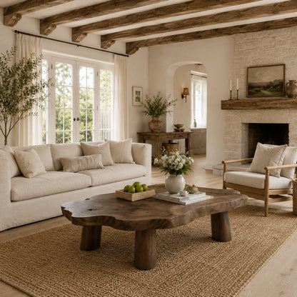 Organic coffee table with thick freeform top and sturdy legs for a warm rustic living room