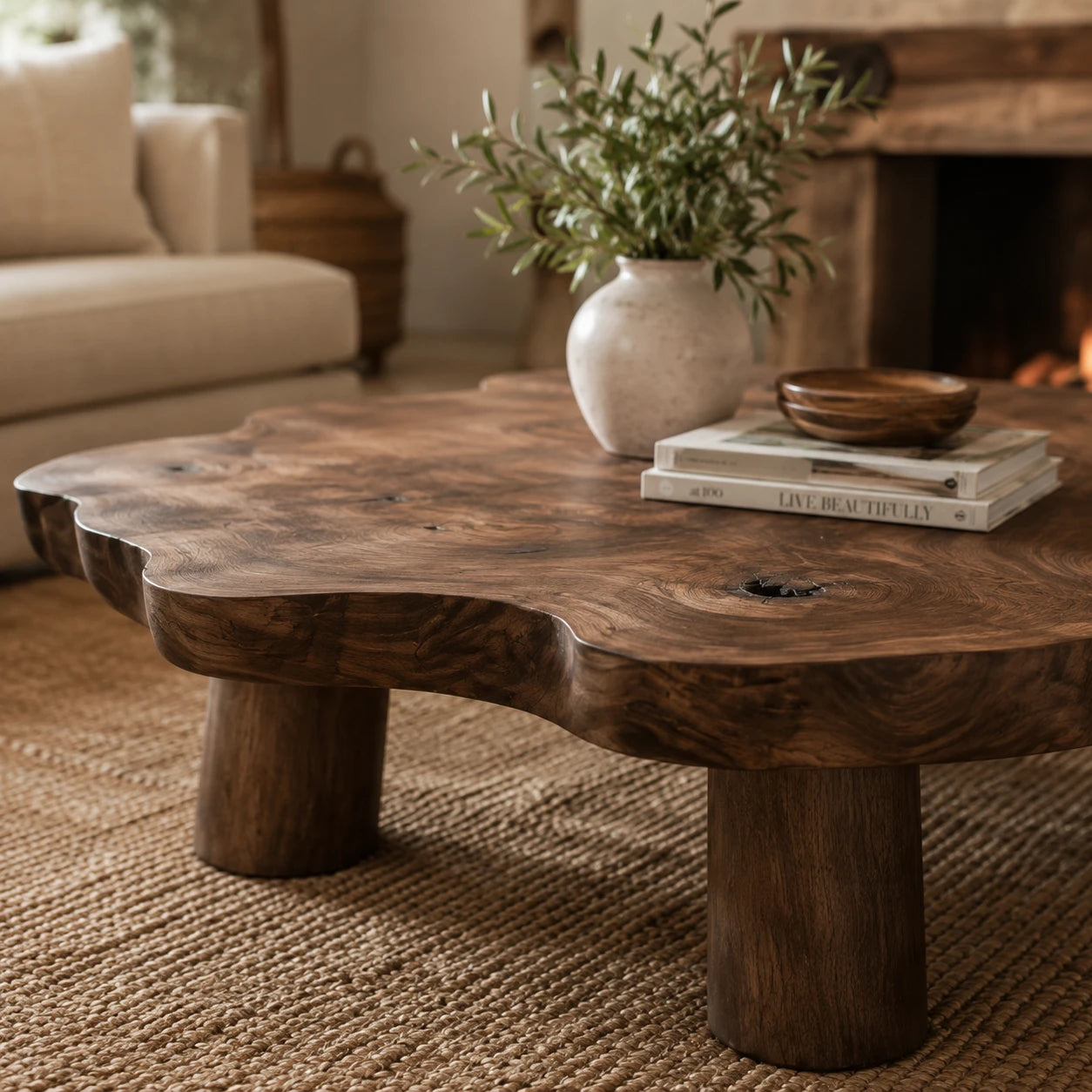 Solid wood coffee table with irregular live edge top and broad legs for cozy interiors