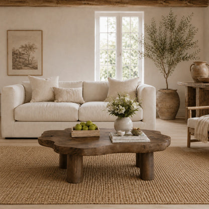 Designer coffee table with thick sculpted top and bold wood base for rustic interiors