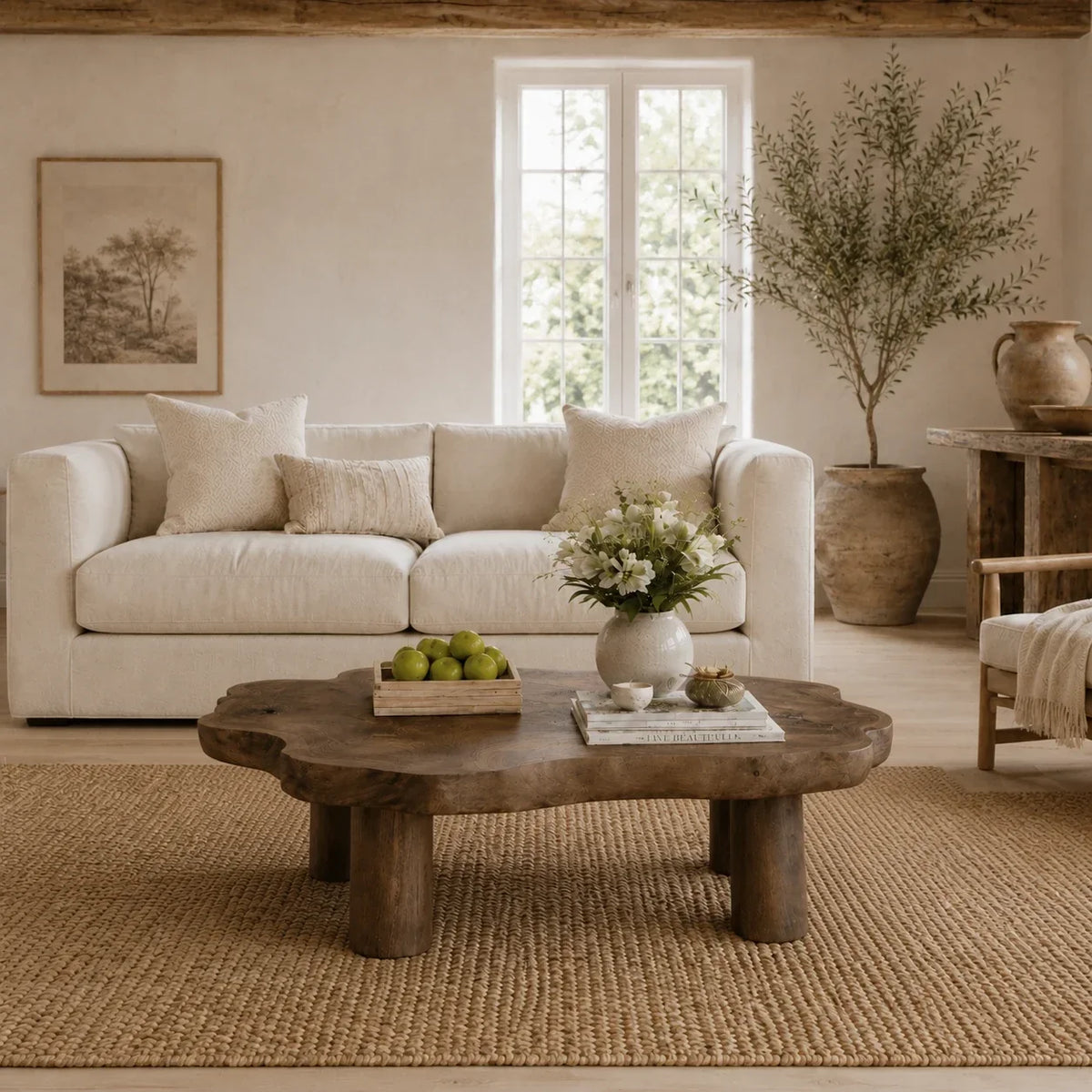 Designer coffee table with thick sculpted top and bold wood base for rustic interiors