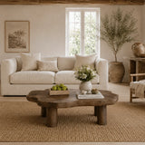 Designer coffee table with thick sculpted top and bold wood base for rustic interiors