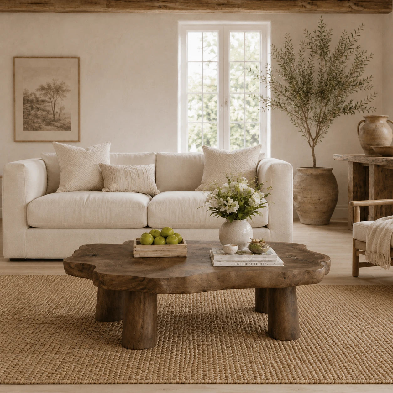 Contemporary coffee table with freeform slab shape and solid wood legs for inviting spaces