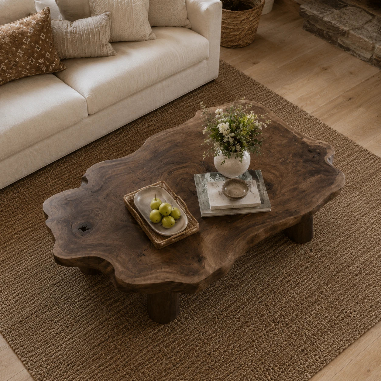 Low profile coffee table with sculpted slab surface and wide legs for earthy living spaces