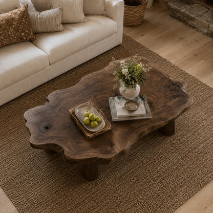 Low profile coffee table with sculpted slab surface and wide legs for earthy living spaces