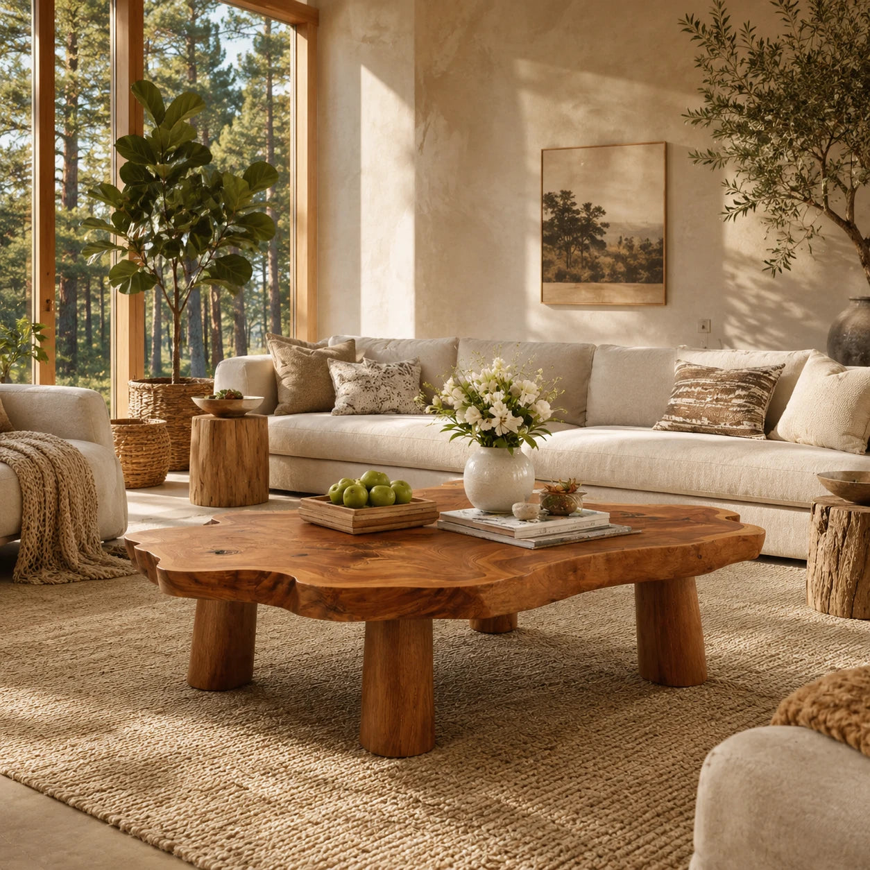 Modern rustic coffee table with freeform top and solid wood legs for serene interiors
