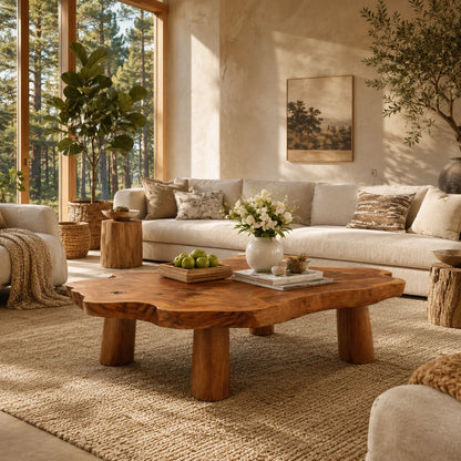 Modern rustic coffee table with freeform top and solid wood legs for serene interiors