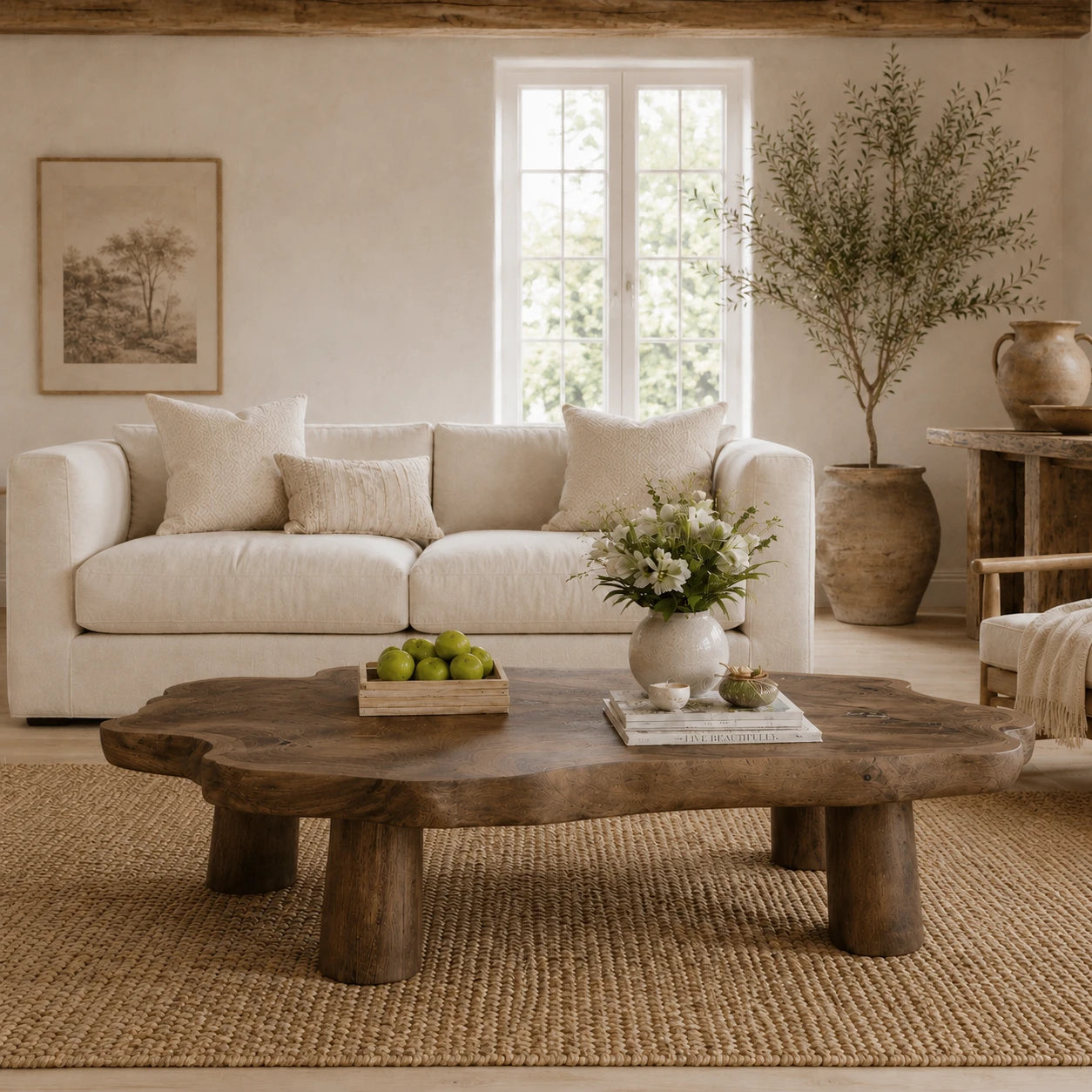 Premium coffee table with natural edge detailing and sturdy legs for a warm modern lounge