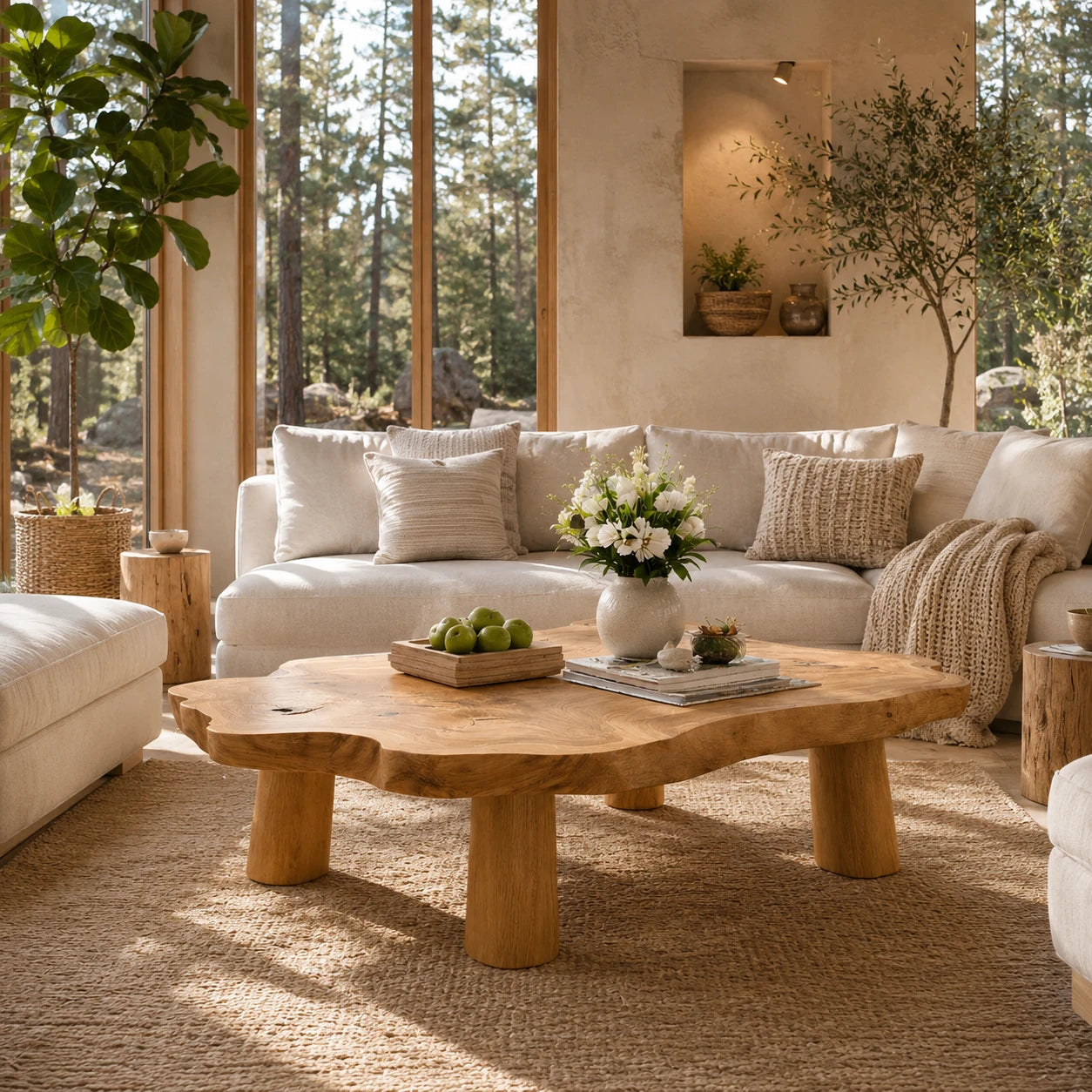 Statement coffee table with natural contours and thick solid wood legs for refined rooms