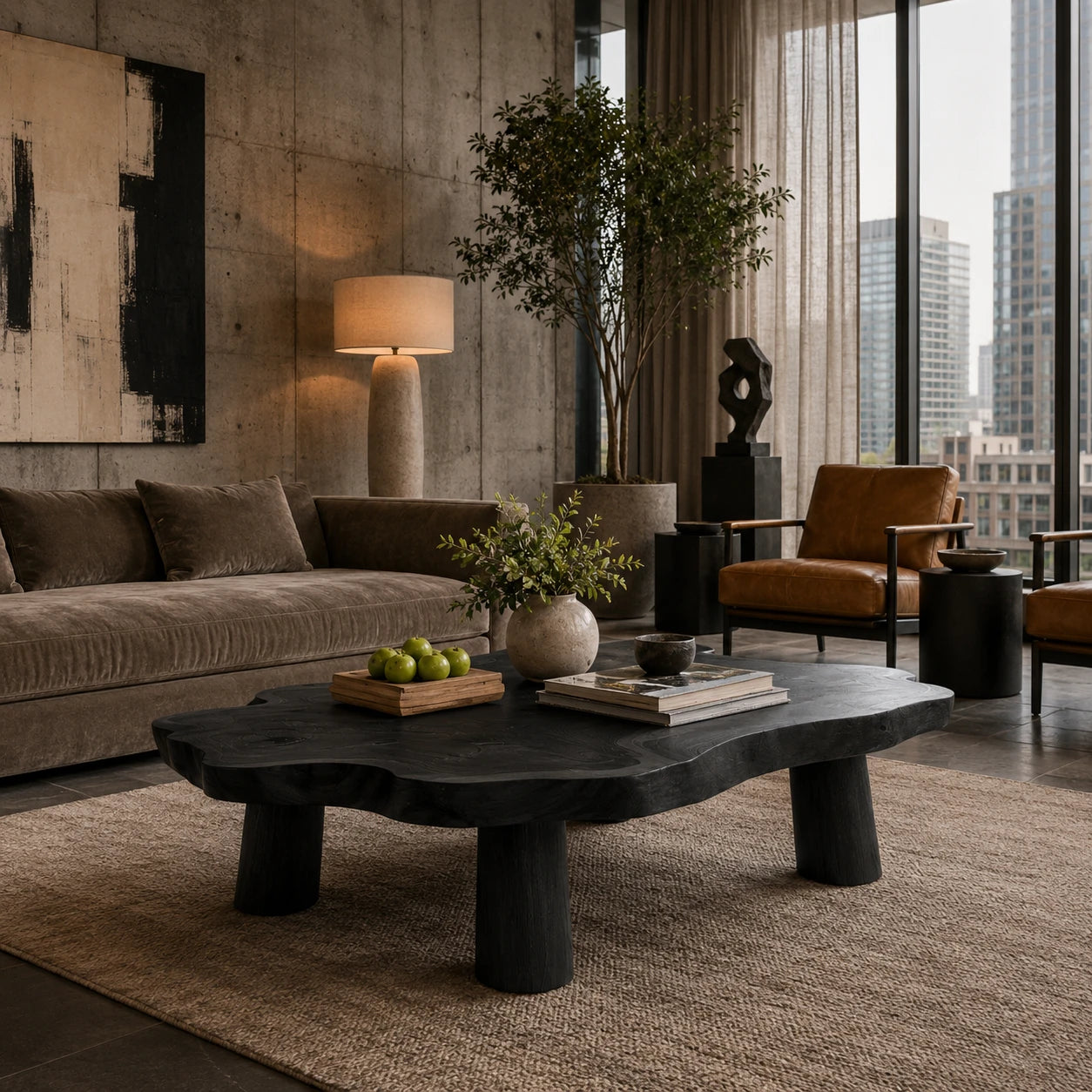 Artisan coffee table with irregular slab top and sturdy wood supports for warm interiors
