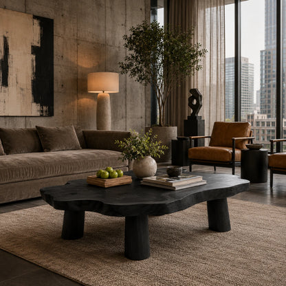 Artisan coffee table with irregular slab top and sturdy wood supports for warm interiors