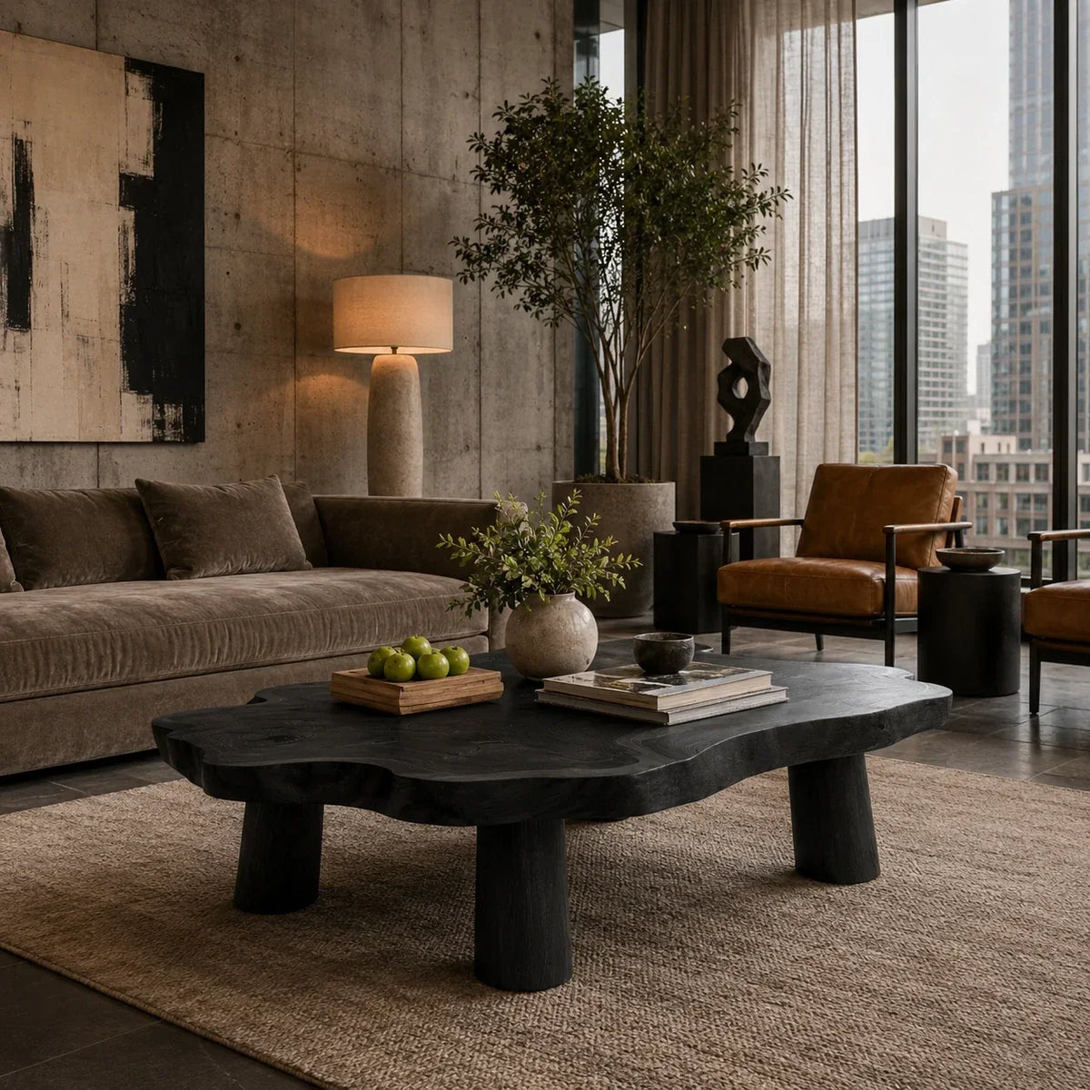 Artisan coffee table with irregular slab top and sturdy wood supports for warm interiors